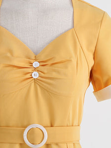 Yellow Sweet Heart 1950s Vintage Shirt Dress for Women Short Sleeve Audrey Hepburn Style Cocktail Swing Dress