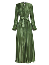 Load image into Gallery viewer, Green Pleated Long Sleeve Beading Romantic Stain Maxi Dress