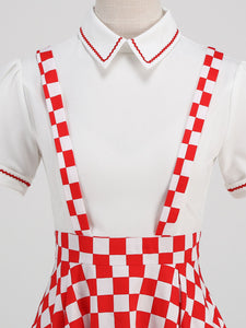 Red Checkerboard High Waist Audrey Hepburn Style Cocktail Suspender Swing Dress