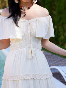 White Bohemian Off The Shoulder Ruffled Tassel High Waist Boho Maxi Dress
