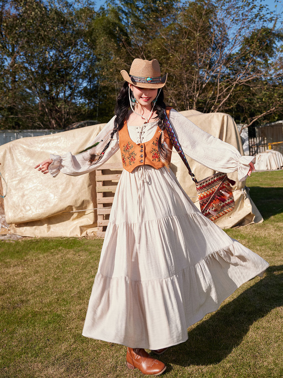 Bohemian White Long-sleeved Cotton Maxi Dress with Suede Embroidered Vest Boho Suit, White / XS Bohemian White Long-sleeved Cotton Maxi Dress with Suede Embroidered Vest Boho Suit, White / XS