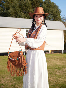 Bohemian White Embroidered Cotton Maxi Dress with Suede Embroidered Vest Boho Suit