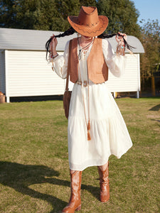 Bohemian White Ruffles Cotton Maxi Dress with Suede Embroidered Vest Boho Suit