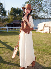 Load image into Gallery viewer, Bohemian White Embroidered Cotton Maxi Dress with Suede Embroidered Vest Boho Suit