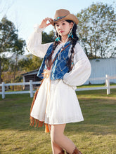 Load image into Gallery viewer, Bohemian White Long-sleeved Ruffles Mini Dress with Blue Suede Embroidered Vest Boho Suit
