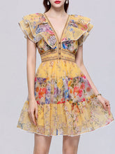 Load image into Gallery viewer, Women’s Boho Yellow Floral Printed Chiffon V-Neck Ruffled Summer Beach Mini Dress