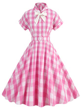 Load image into Gallery viewer, Pink And White Plaid Bow Collar Barbie Same Style 1950S Vintage Dress With Hat Set