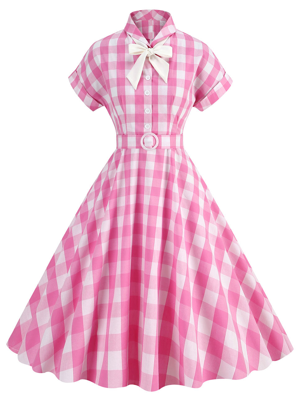 Pink And White Plaid Bow Collar Barbie Same Style 1950S Vintage Dress With Hat Set Pink / M Pink And White Plaid Bow Collar Barbie Same Style 1950S Vintage Dress With Hat Set Pink / M