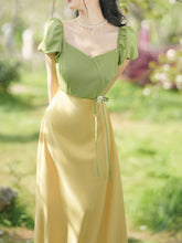 Load image into Gallery viewer, Yellow V Neck Puff Sleeve 1950S Vintage Dress