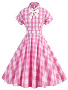 Pink And White Plaid Bow Collar Barbie Same Style 1950S Vintage Dress