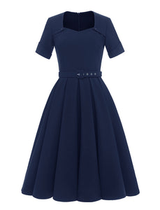 Solid Color Square Collar Short Sleeve 50s Party Swing Dress