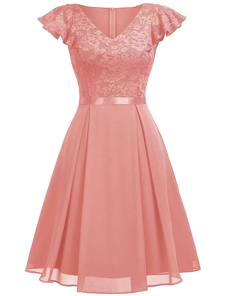 Autumn Lace Cap Sleeve V Neck 50s Party Dress, Pink / L Autumn Lace Cap Sleeve V Neck 50s Party Dress, Pink / L