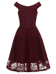 Solid Color Lace Cap Sleeve V Neck 50s Party Swing Dress