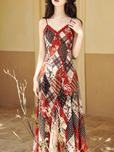 Load image into Gallery viewer, Vintage Bohemian Red Ruffle Hem Floral Plaid Spaghetti Strap Maxi Dress