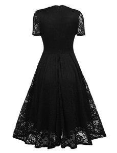 Solid Color Lace Short Sleeve V Neck 50s Party Swing Dress
