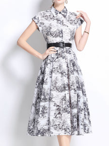 1940S Classic Shirt Collar Vintage Print Cap Sleeve Cotton Dress