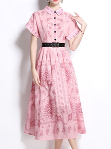 1940S Classic Shirt Collar Vintage Print Cotton Dress with Belt