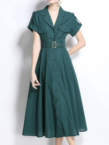 1940S Lapel Shirt Cotton Dress with Pockets