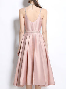 Pink Luxury Diamond Strap Satin Prom Dress With Pockets