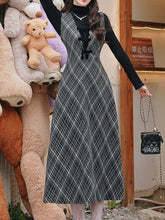 Load image into Gallery viewer, 2PS Black Bowknot Retro Plaid Suspender Dress with Black Sweater
