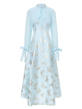 Load image into Gallery viewer, Gold Foil Butterfly Print Chiffon Blue Maxi Dress with Bow Neck