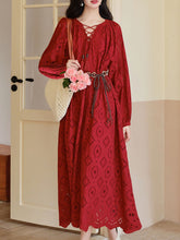 Load image into Gallery viewer, Red Embroidered Hollow Long Sleeve Tassel Holiday Bohemian Dress