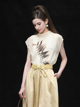 Load image into Gallery viewer, 2PS Silk Printed Sleeveless Top and Gold Metallic Midi Skirt Dress Set