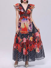 Load image into Gallery viewer, Women’s Dark Boho Floral Printed Chiffon V-Neck Ruffled Summer Beach Maxi Dress