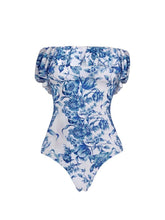 Load image into Gallery viewer, Vintage Blue and White Floral Off-the-Shoulder Swimsuit with Tiered Maxi Skirt 2-Piece Set