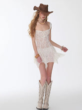 Load image into Gallery viewer, White Lace One Piece Swimdress Square Neck Skirted Swimsuit with Tie Front