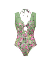 Load image into Gallery viewer, 3PS Sage Green Vintage Halter Cutout Pastel Flower Print Monokini and Flowy Beach Long Skirt Swimsuit Set