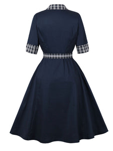 Vintage Double-Breasted Navy Gingham Collar Shirt Dress