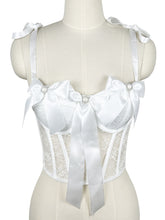 Load image into Gallery viewer, Black Bow Nude Lace Corset Top - Pearl Embellished Bustier with Tie Straps