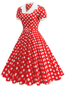 Red Polka Dots Short Sleeve 1950s Vintage Dress