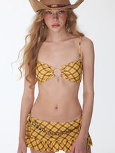 Load image into Gallery viewer, Yellow Plaid Ruffle Skirt Bikini Set Vintage Cowgirl Two Piece Swimsuit