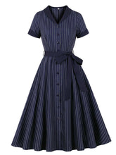 Load image into Gallery viewer, Vintage 1950s Navy Pinstripe Shirt Swing Dress