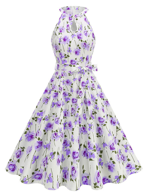 Floral Sleeveless Halter Neck 50S Swing Christmas Dress