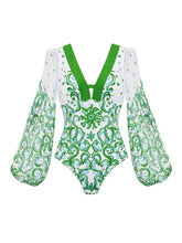 Load image into Gallery viewer, 2PS Green Long Sleeve Baroque Swimsuit with Maxi Skirt Set