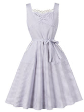 Load image into Gallery viewer, 1950s Purple Plaid Lace Sleeveless Swing Dress with Pockets