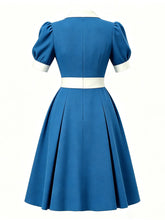 Load image into Gallery viewer, 1950s Lake Blue Notch Lapel Collar Vintage Puff Sleeve Retro Swing Dress