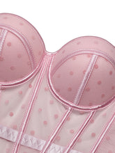 Load image into Gallery viewer, Pink Polka Dot Mesh Corset Top - Sheer Boned Spaghetti Strap Bustier