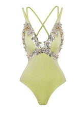 Load image into Gallery viewer, Mint Green Metallic Blossom Luxury Crisscross Back Shimmering  One-Piece Swimwear &amp; Draped Sarong Set