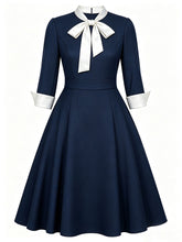 Load image into Gallery viewer, 1950s Vintage Navy Blue Bow Tie Swing Dress - Retro Office Workwear Midi Dress