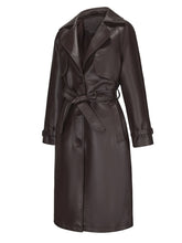 Load image into Gallery viewer, Women's Faux Leather Trench Coat | Long Caramel Tan PU Leather Windbreaker Jacket with Belt