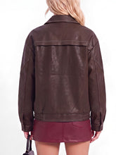 Load image into Gallery viewer, Women's Dark Brown Contrast Stitch Faux Leather Bomber Jacket