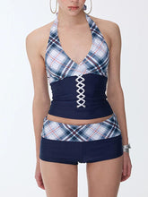 Load image into Gallery viewer, Lace Up Plaid Halter Tankini Set with Shorts Two Piece Swimsuit