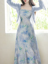 Load image into Gallery viewer, 2PS Blue Floral Print Spaghetti Strap 1950S Vintage Dress With Long Sleeve Cardigan