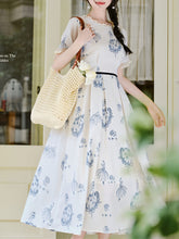 Load image into Gallery viewer, Retro Blue and White Porcelain Style Ballerina Graphic Dress Elegant Lace Flare Midi Dress for Picnic Vacation
