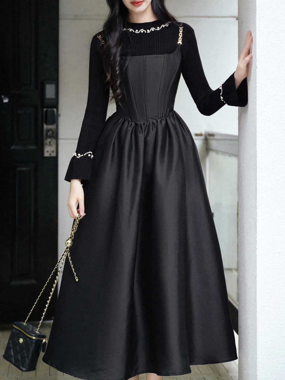 2 Piece Black Retro Suspender Dress with Black Hand Sewn Pearls Sweate Jolly Vintage 2 Piece Black Retro Suspender Dress with Black Hand Sewn Pearls Sweate Jolly Vintage