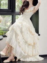 Load image into Gallery viewer, White Ruffles V Neck Layered Lace Maxi Vintage Dress